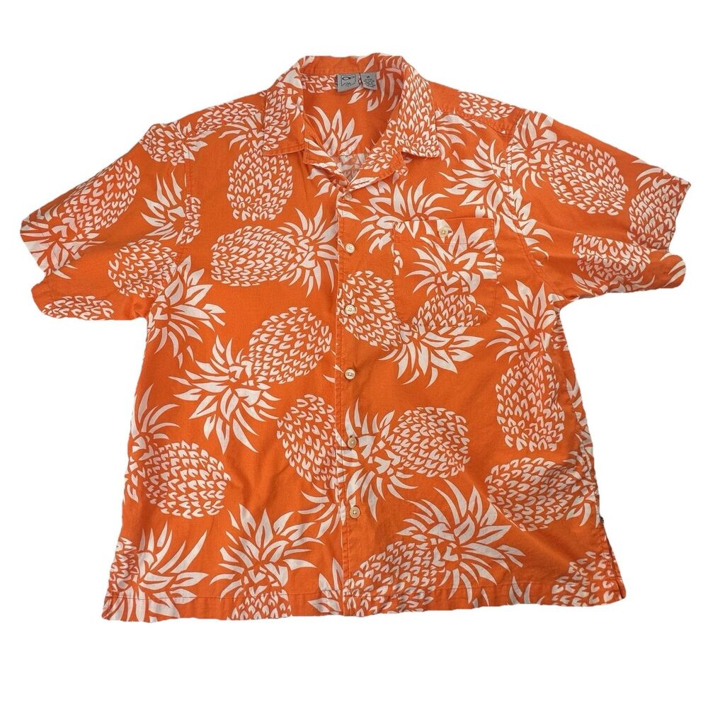 OP Ocean Pacific Mens M Orange Hawaiian Shirt Pineapples Surf Beach Tropical